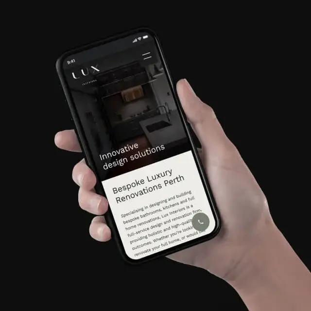 A mobile mockup of the Lux Interiors website.