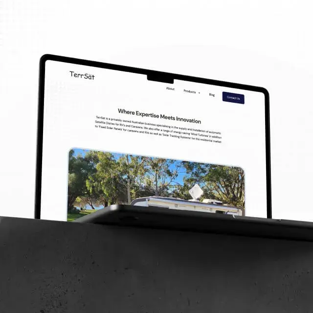 A mockup of a laptop with the TerrSat website on it.